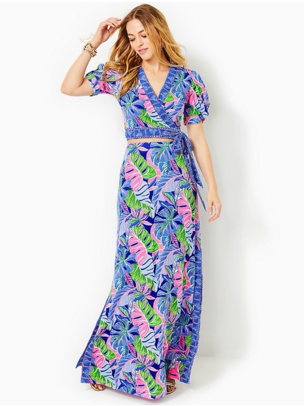 Lilly Pulitzer Blue, Pink and Green Tropical Wrap Maxi Dress